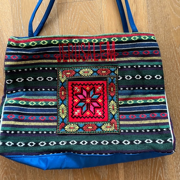 Source Unknown Black and Blue Patterned Tote Jerusalem embroidered - Picture 2 of 4